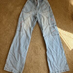 No Boundaries Light Blue Straight Leg Jeans with Pink Floral Embroidery